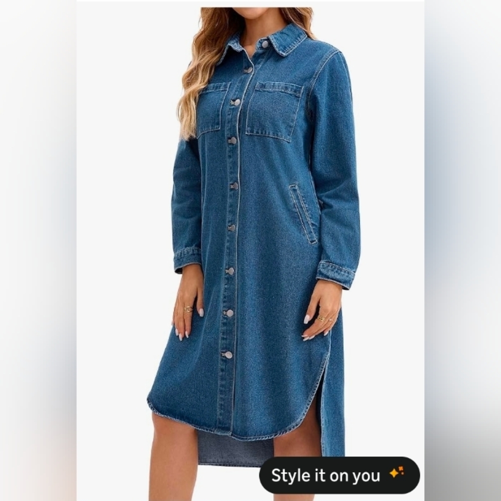 Cimuk Womens Denim Dress Fall 2025 Curved Hem Button Down Midi Long Jean Jacket